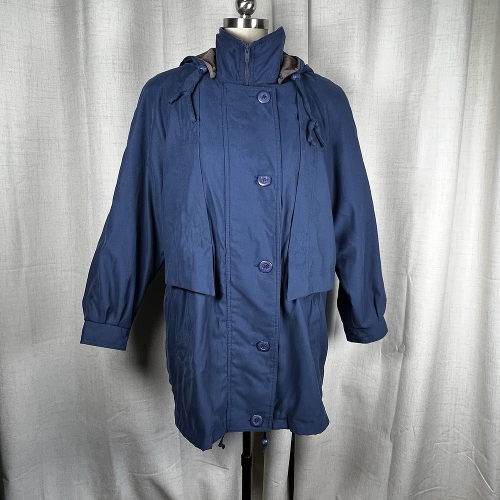 Vintage Forecaster of Boston Trench Rain Coat Womens Small 80s Hooded Navy Blue‎